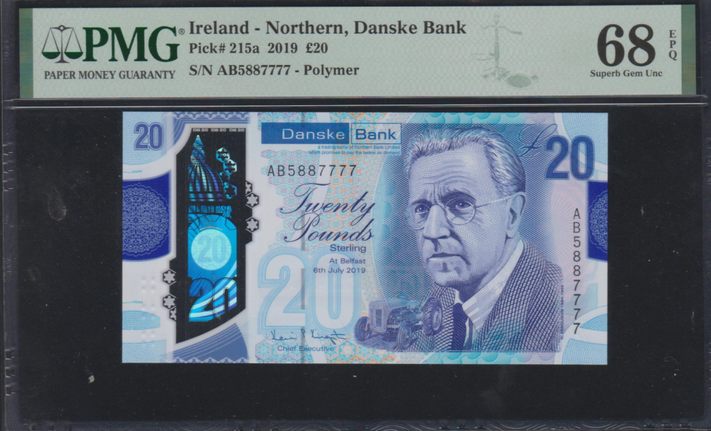 草稿银行第五期国内外钞票拍卖 北爱尔兰2019年版20镑塑料钞  狮子号7777 PMG68 因为pmg无统计该品种，但为余之所见之最高分！