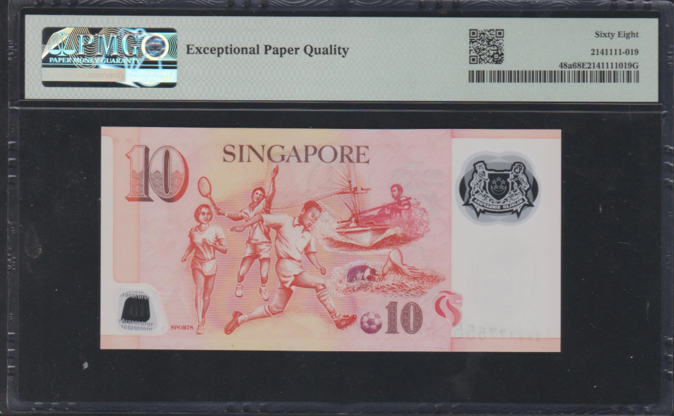 草稿银行第五期国内外钞票拍卖 新加坡2004年版10元塑料钞 AA首发冠  豹子号555 PMG68 季军分