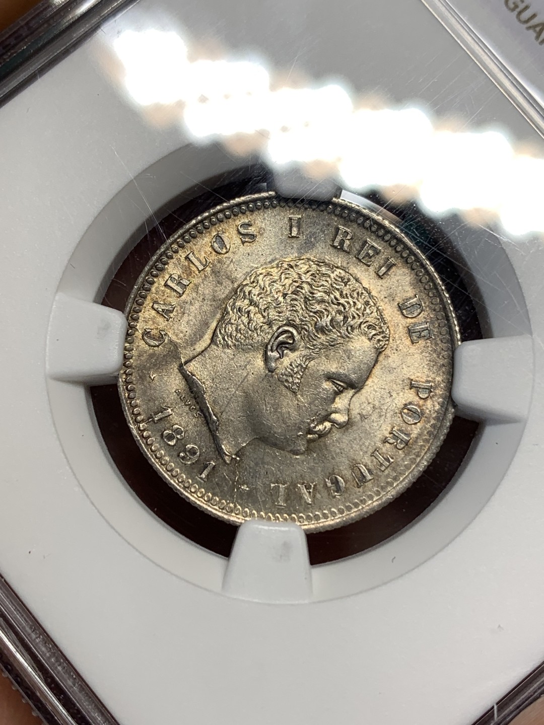 《竞宝斋》第172场-周日，周一2场 (全场包邮) NGC-UNC 葡萄牙1891年 卡洛斯一世 200R银币 原光淡彩 这个面值的很少见