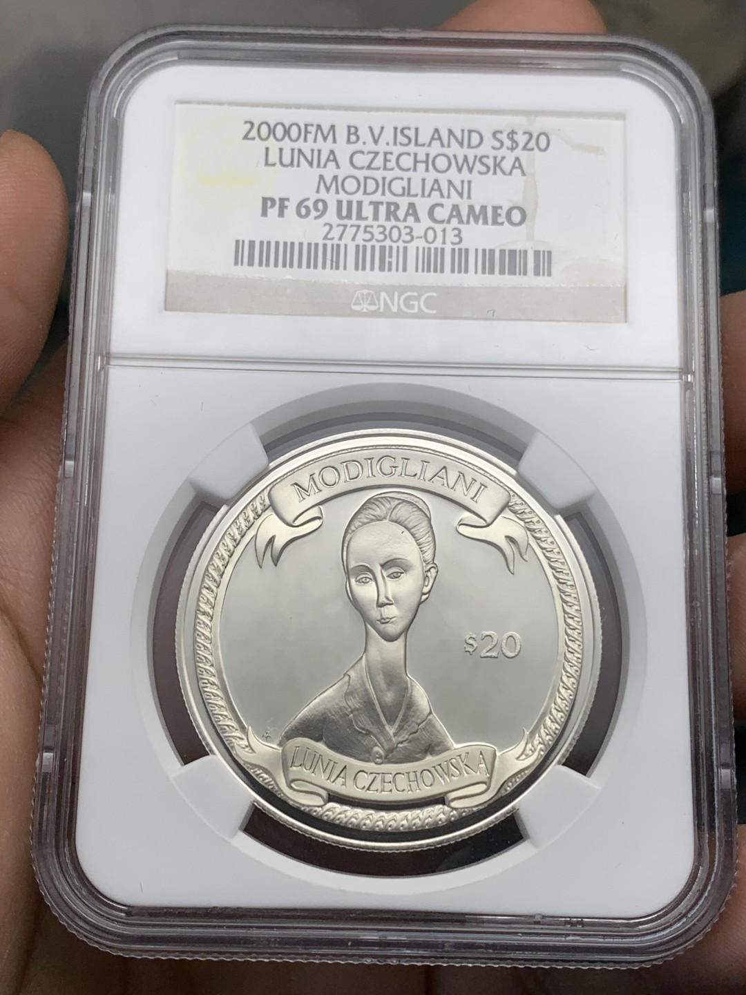 《竞宝斋》第172场-周日，周一2场 (全场包邮) NGC PF69UC 2000年英属维京群岛发行-意大利国宝级画家莫迪利亚尼名画20$纪念银币 唯一冠军分，国内罕见的品种。