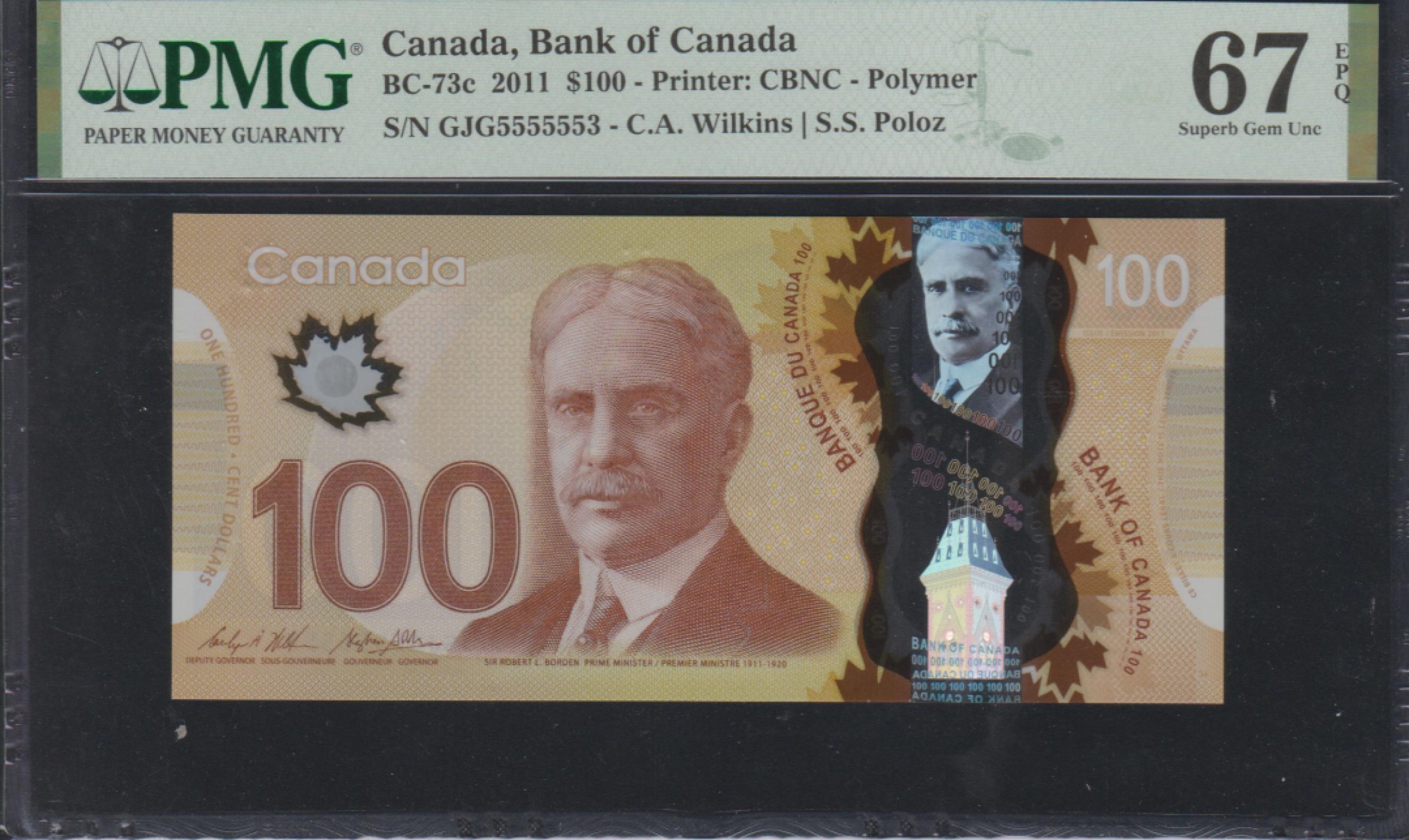 草稿银行第五期国内外钞票拍卖 加拿大2011年版100元塑料钞 全同号副品数2 麒麟头号555555 无47 PMG67
