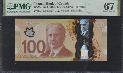 草稿银行第五期国内外钞票拍卖 - 加拿大2011年版100元塑料钞 全同号副品数2 麒麟头号555555 无47 PMG67