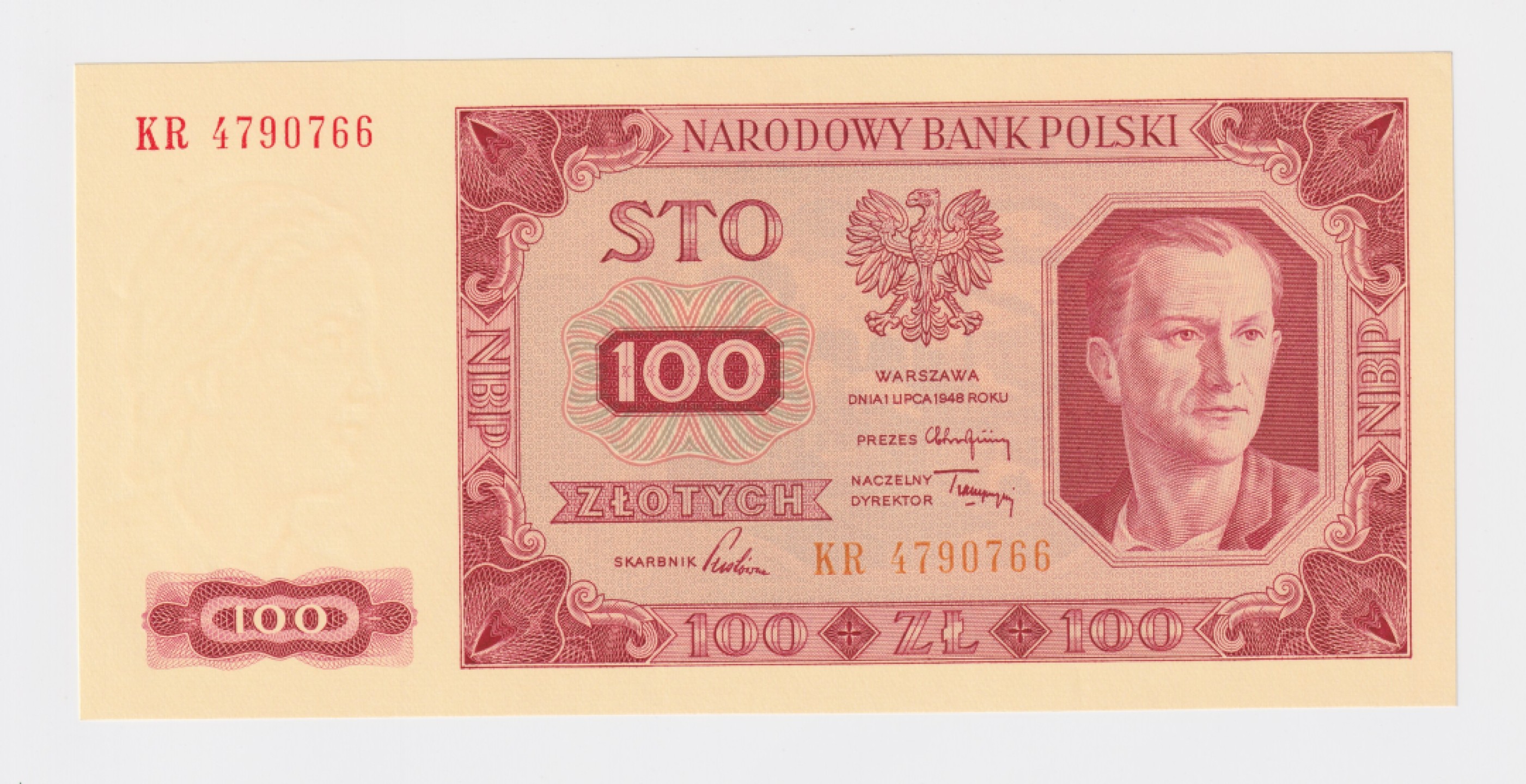 草稿银行第五期国内外钞票拍卖 波兰1948年100兹罗提，干法印制，70年代印制批次，KR关门冠，PWPW华沙印制批次，全新无黄无折无斑原票，其正面肖像原型为PWPW印钞厂的司机Bronisław Tomaszewski，肖像由波兰艺术家Wacław Borowski绘制，捷克斯洛伐克雕刻师Jndrich Schmidt雕刻，背面为工业场景，取景地可能是波兰工业城市罗兹。