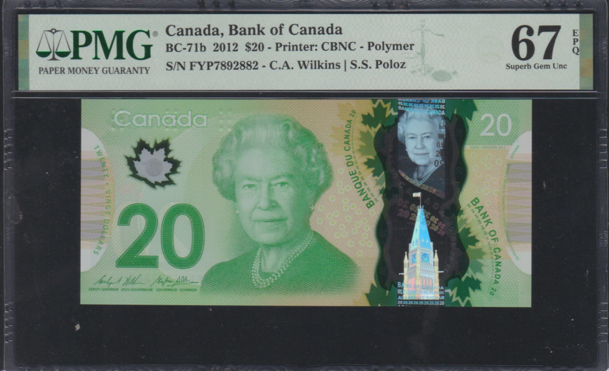 草稿银行第五期国内外钞票拍卖 加拿大2012年版20元塑料钞 PMG67 季军分 更高仅10张