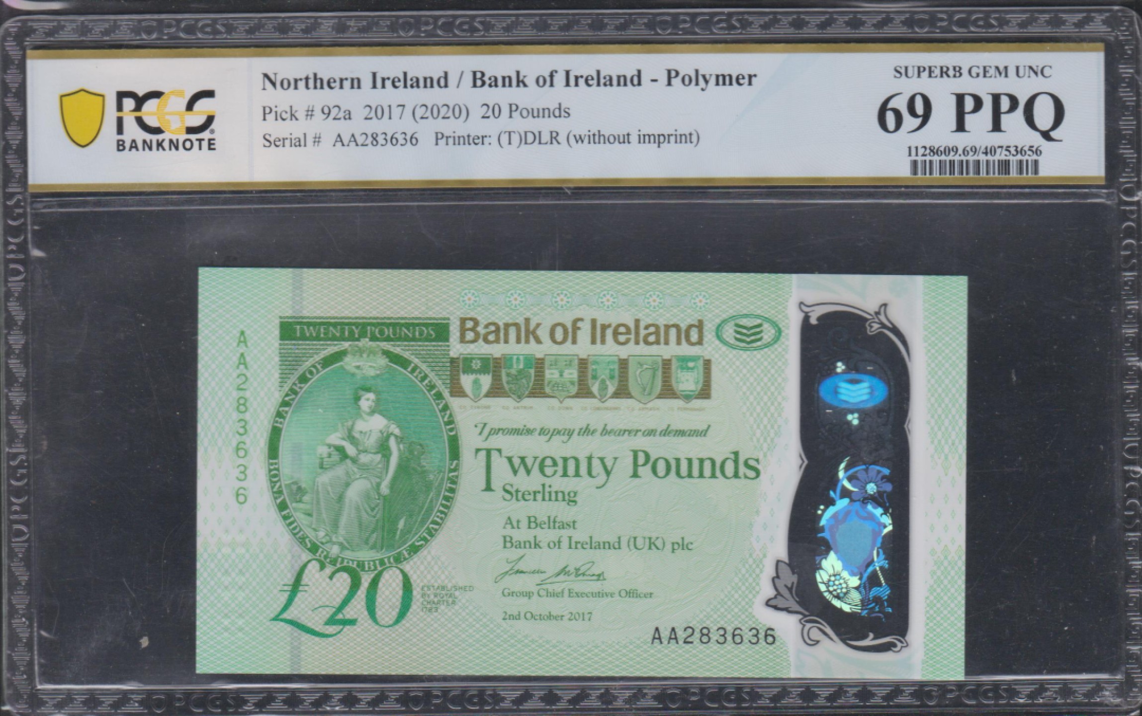 草稿银行第五期国内外钞票拍卖 北爱尔兰2017年版20镑塑料钞 AA首发冠 无47 PCGS69  冠军分