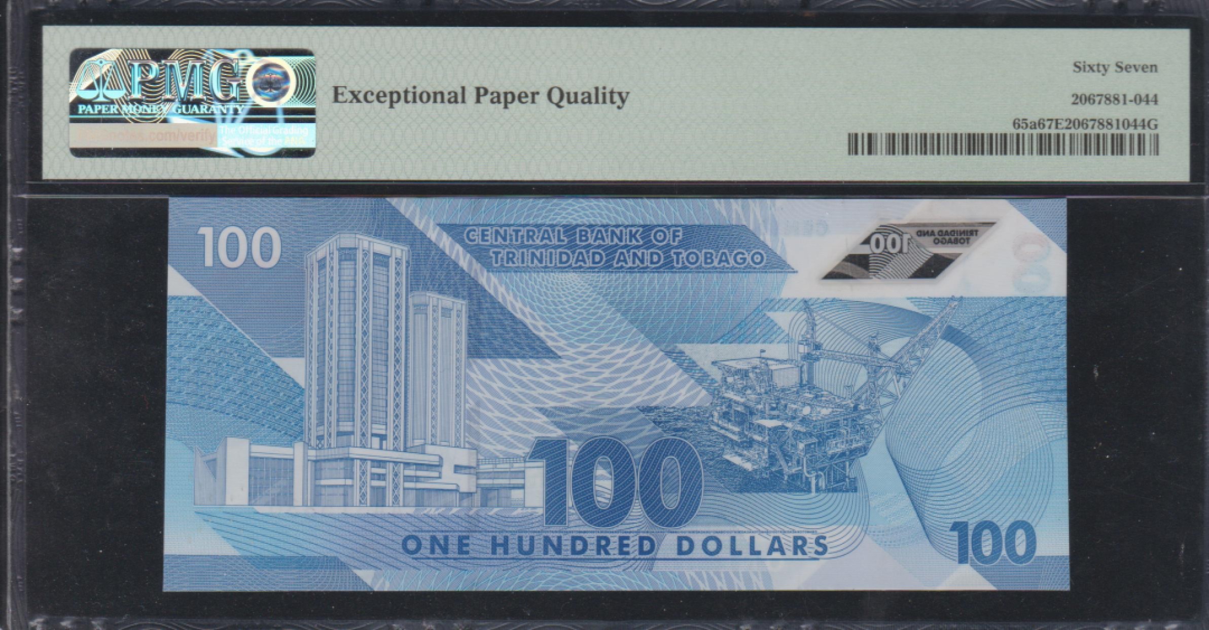草稿银行第五期国内外钞票拍卖 特立尼达和多巴哥2019年版100元塑料钞 AA首发冠 PMG67 季军分 更高仅26张