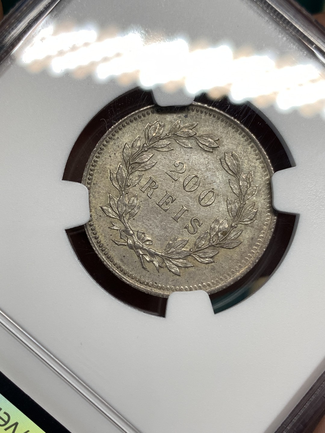 《竞宝斋》第172场-周日，周一2场 (全场包邮) NGC-UNC 葡萄牙1891年 卡洛斯一世 200R银币 原光淡彩 这个面值的很少见