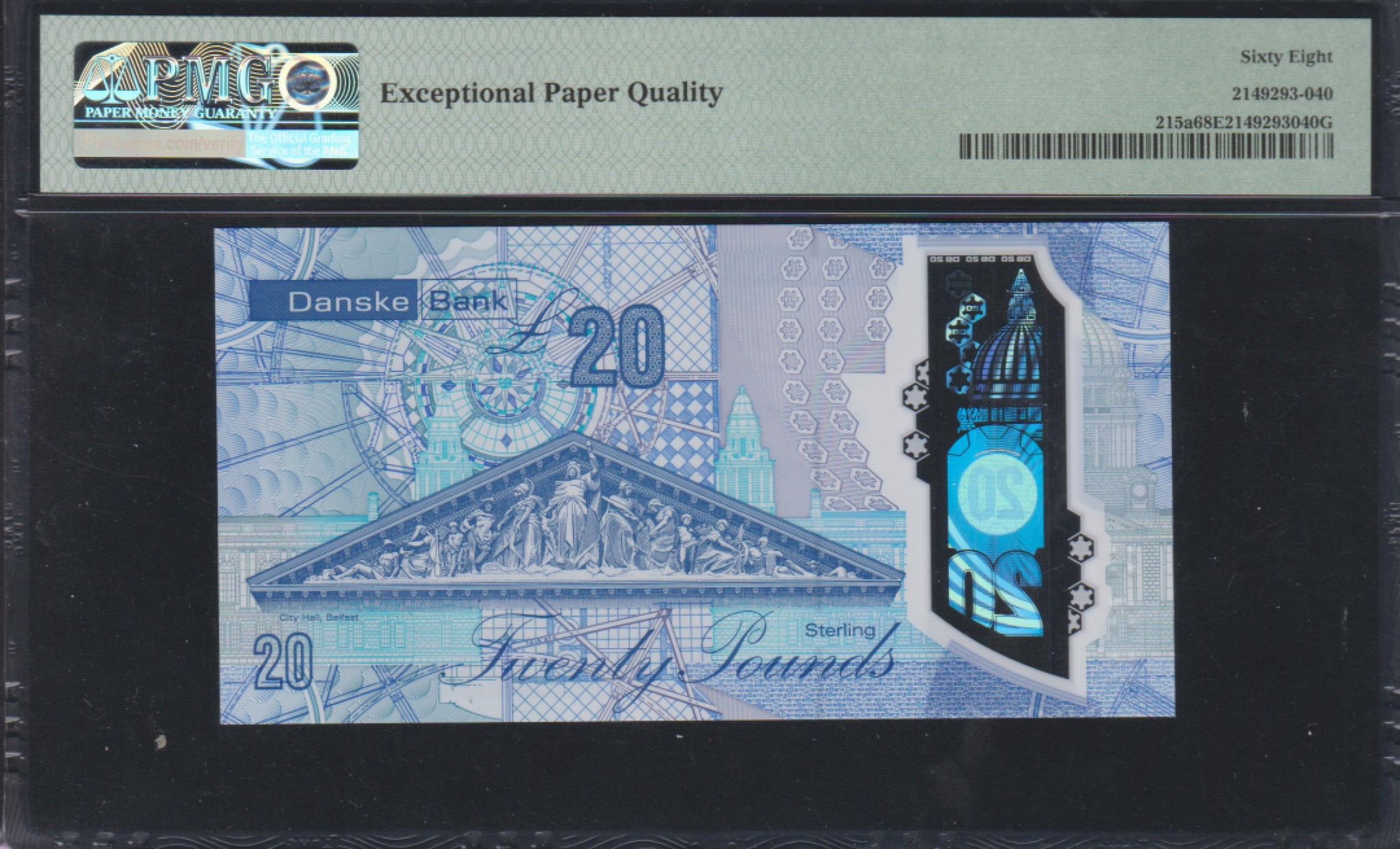 草稿银行第五期国内外钞票拍卖 北爱尔兰2019年版20镑塑料钞  狮子号7777 PMG68 因为pmg无统计该品种，但为余之所见之最高分！