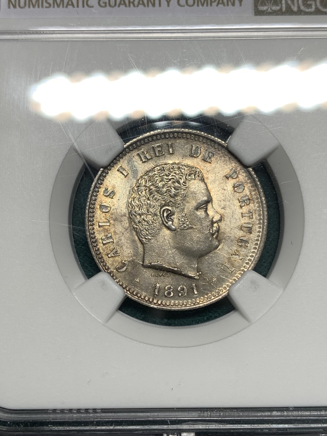 《竞宝斋》第172场-周日，周一2场 (全场包邮) NGC-UNC 葡萄牙1891年 卡洛斯一世 200R银币 原光淡彩 这个面值的很少见