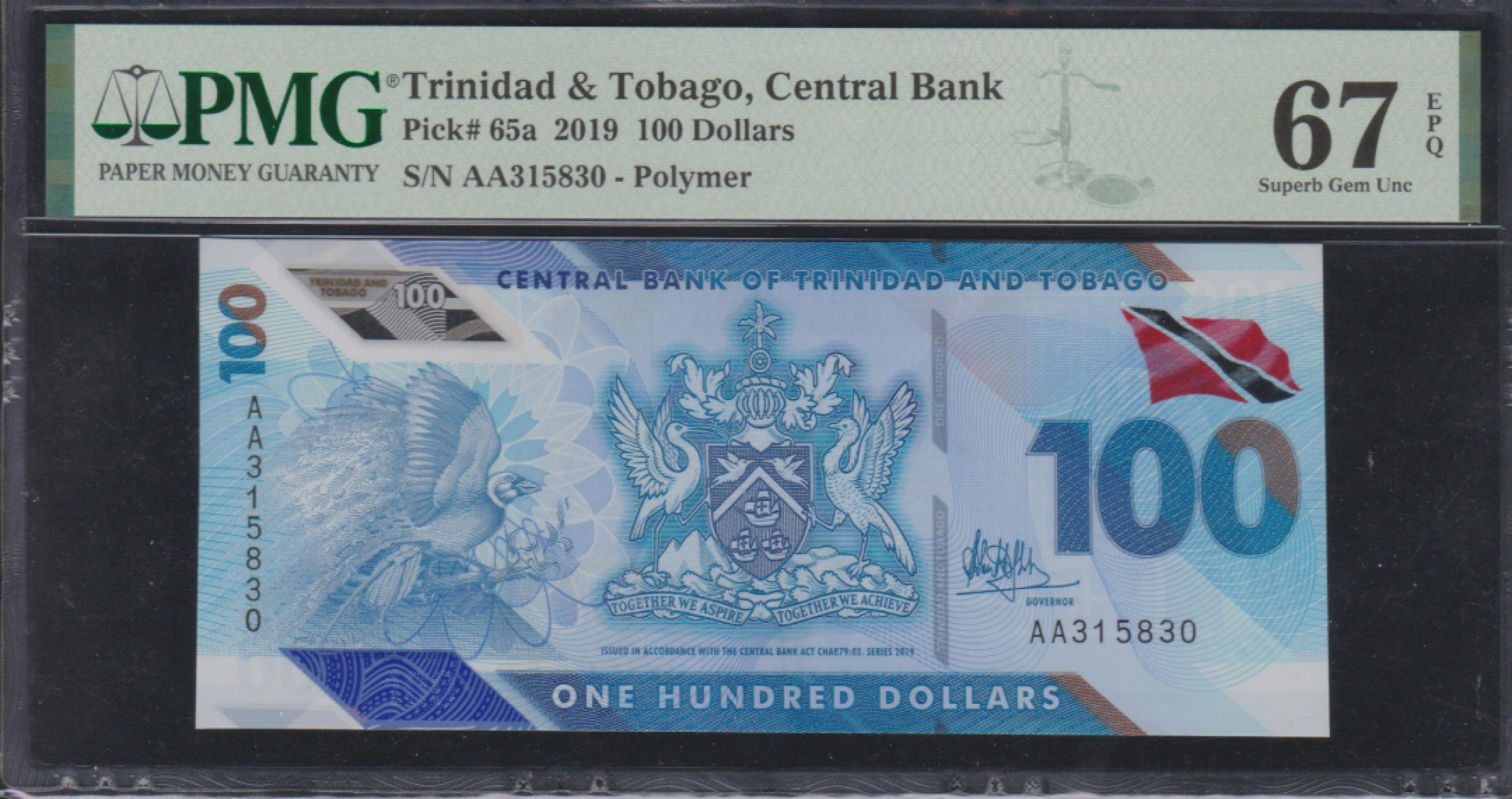 草稿银行第五期国内外钞票拍卖 特立尼达和多巴哥2019年版100元塑料钞 AA首发冠 PMG67 季军分 更高仅26张