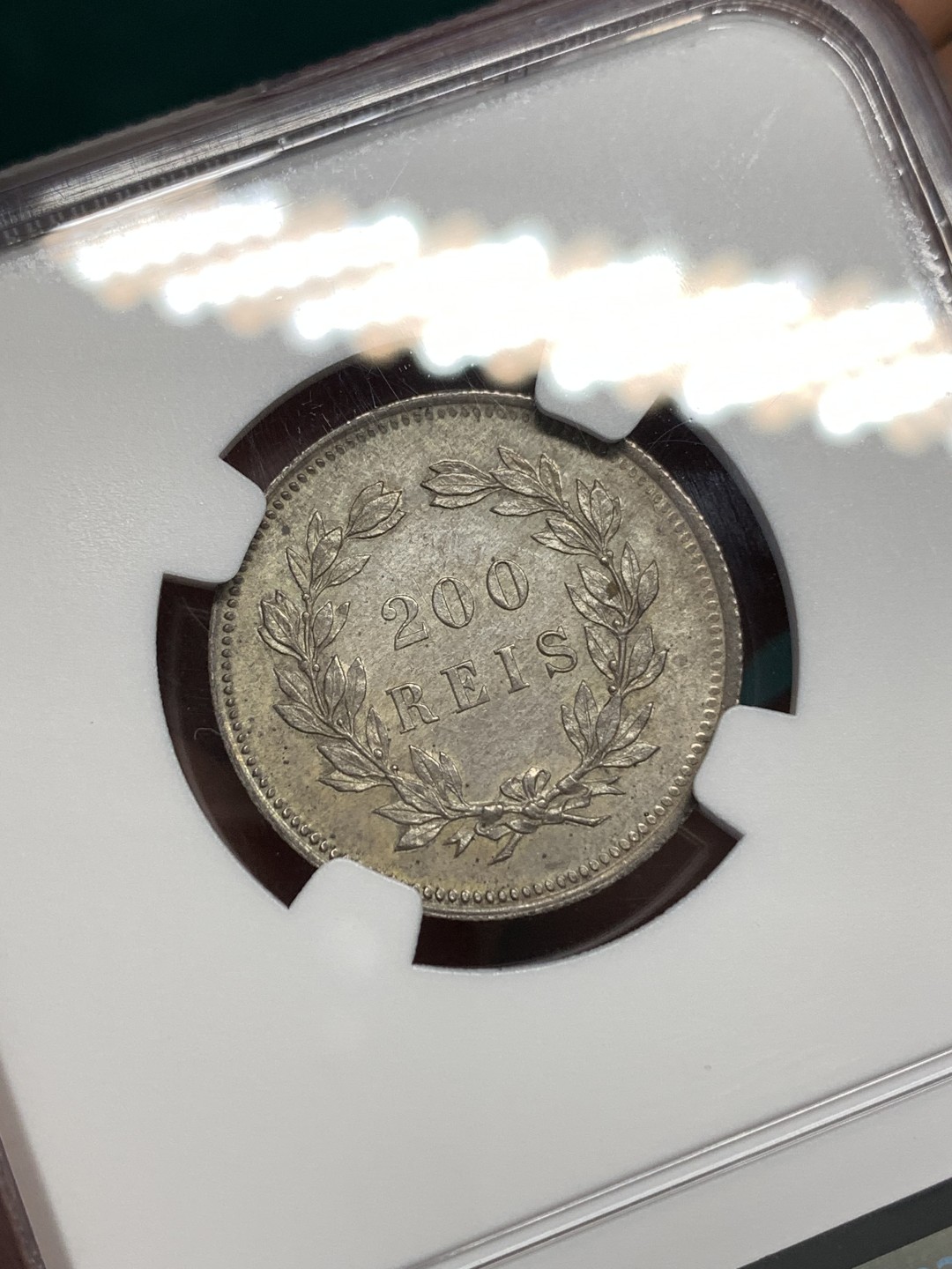 《竞宝斋》第172场-周日，周一2场 (全场包邮) NGC-UNC 葡萄牙1891年 卡洛斯一世 200R银币 原光淡彩 这个面值的很少见