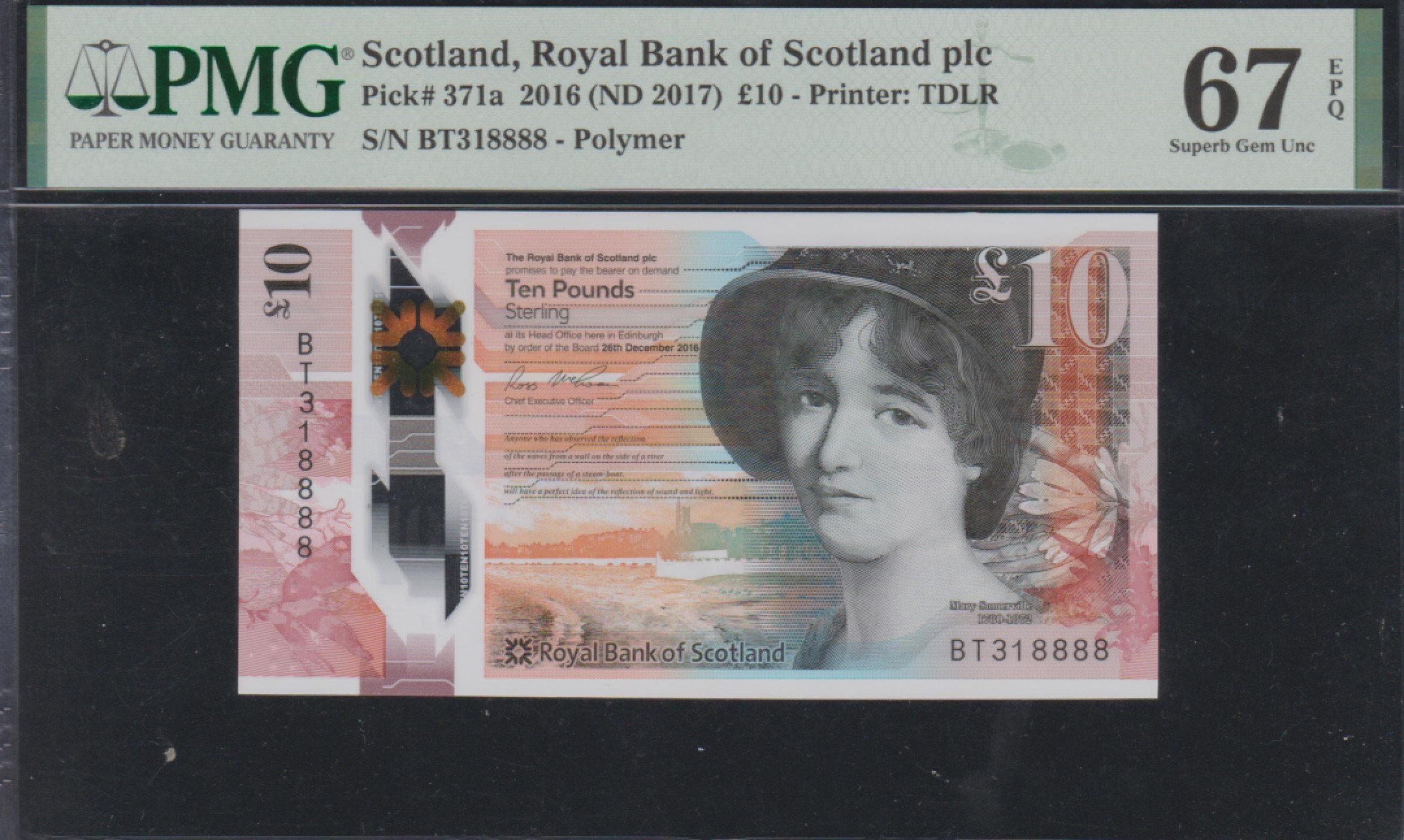 草稿银行第五期国内外钞票拍卖 苏格兰2016年版10镑塑料钞 狮子号8888 无47 PMG67 季军分