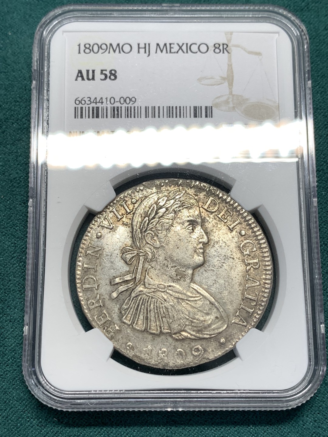 《竞宝斋》第172场-周日，周一2场 (全场包邮) NGC AU58 墨西哥 1809 费七 戎装版 臆造头像 过度年份 双柱大银币 细节深打不错
