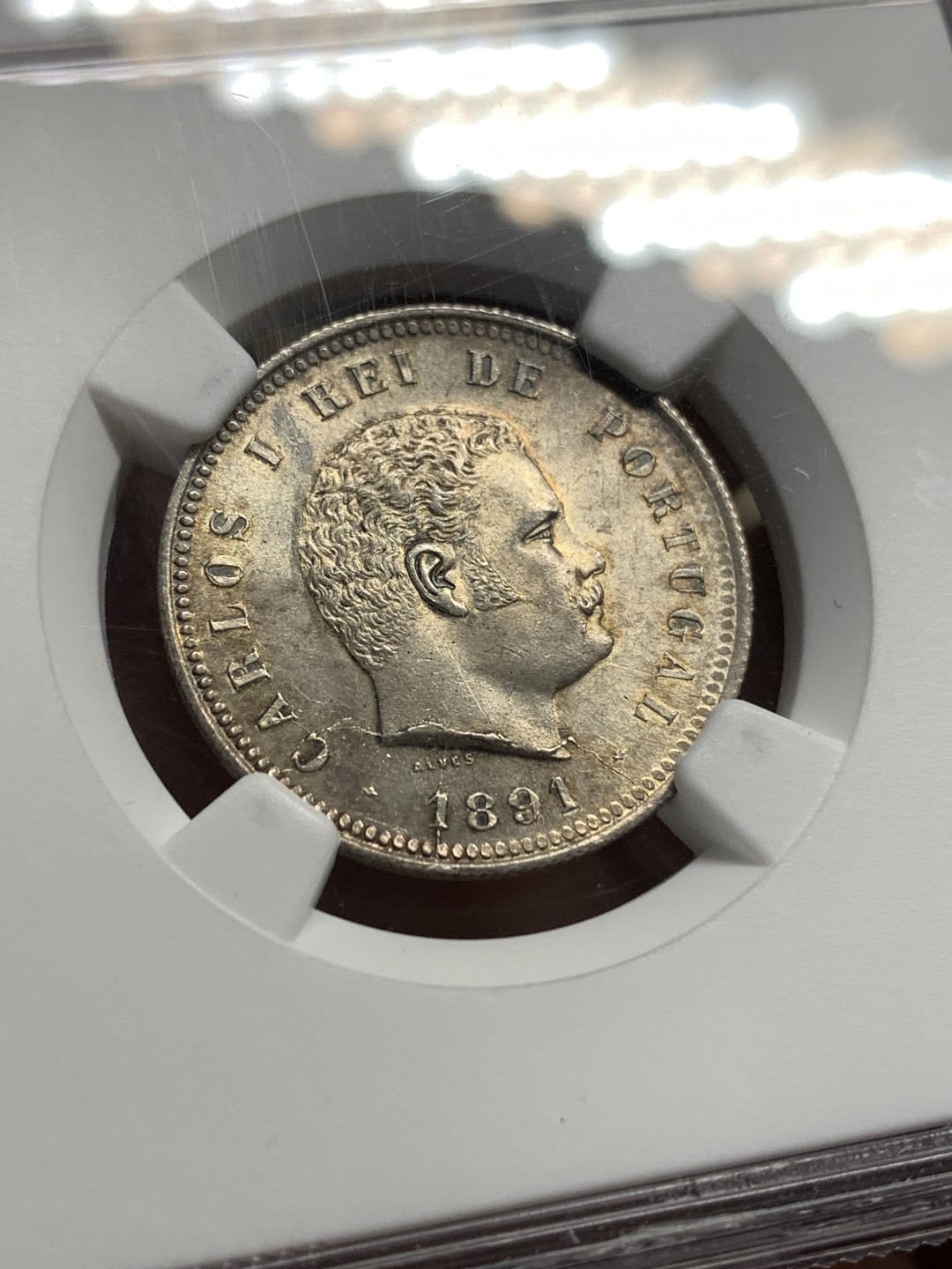 《竞宝斋》第172场-周日，周一2场 (全场包邮) NGC-UNC 葡萄牙1891年 卡洛斯一世 200R银币 原光淡彩 这个面值的很少见