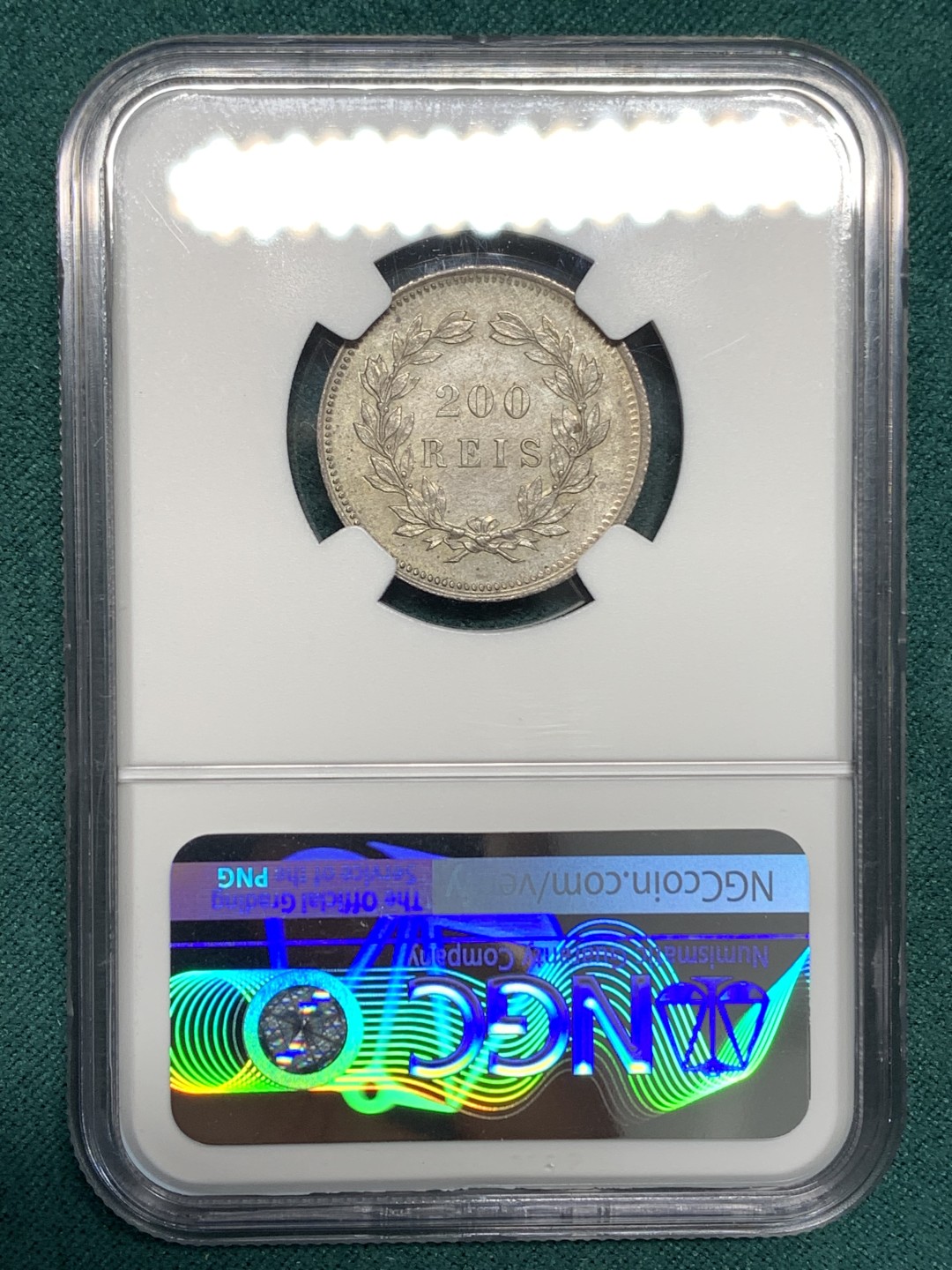 《竞宝斋》第172场-周日，周一2场 (全场包邮) NGC-UNC 葡萄牙1891年 卡洛斯一世 200R银币 原光淡彩 这个面值的很少见