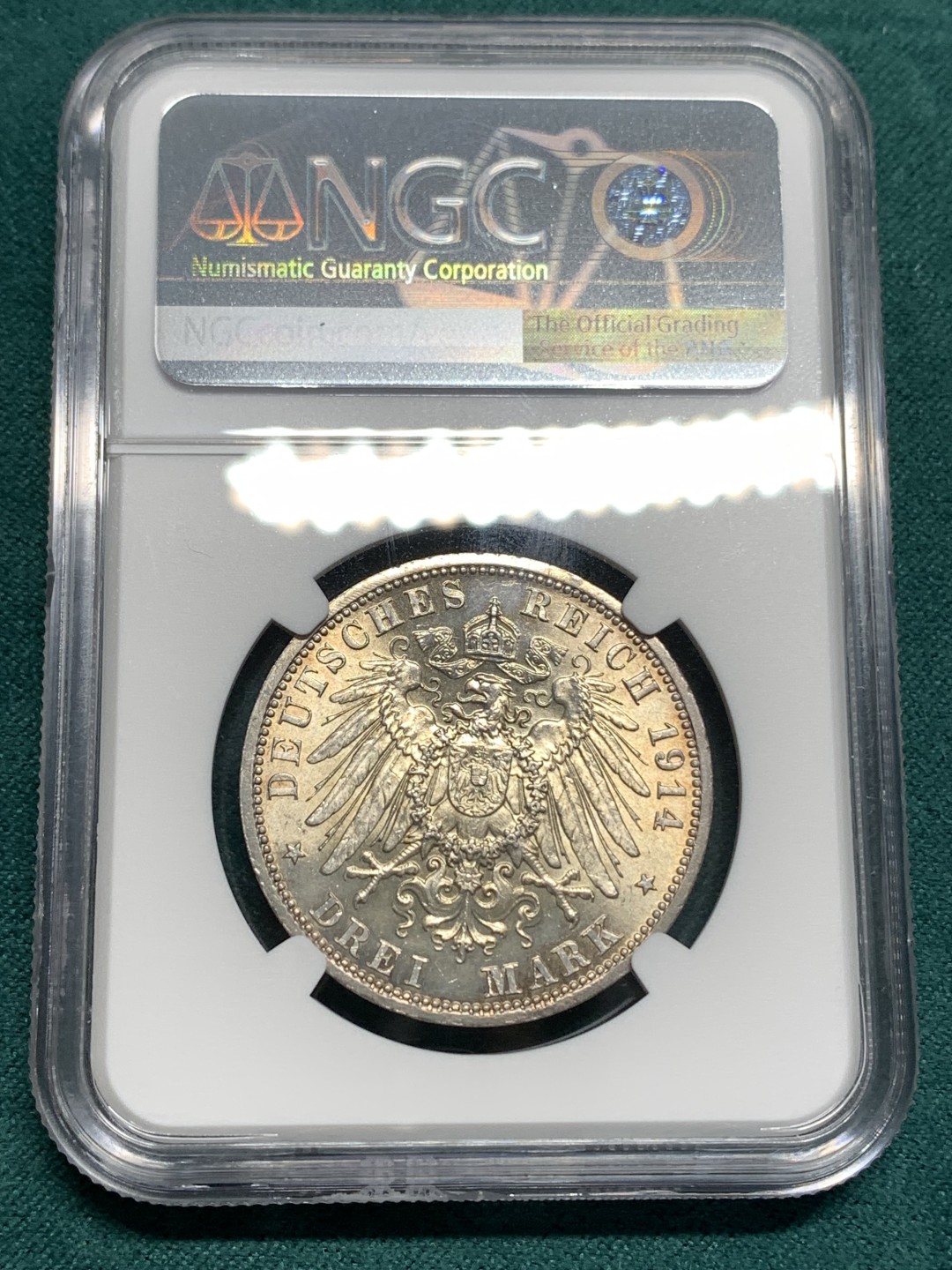 《竞宝斋》第172场-周日，周一2场 (全场包邮) NGC-MS63  德国 安哈特德绍 1914年 25周年 银婚纪念3马克银币 光好 淡彩包浆漂亮