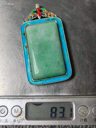 老银烧蓝镶嵌翡翠牌 老银烧蓝镶嵌翡翠牌