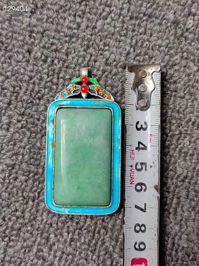 老银烧蓝镶嵌翡翠牌 老银烧蓝镶嵌翡翠牌