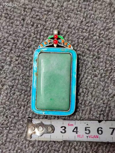 老银烧蓝镶嵌翡翠牌 老银烧蓝镶嵌翡翠牌