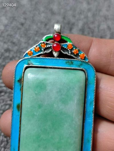 老银烧蓝镶嵌翡翠牌 老银烧蓝镶嵌翡翠牌