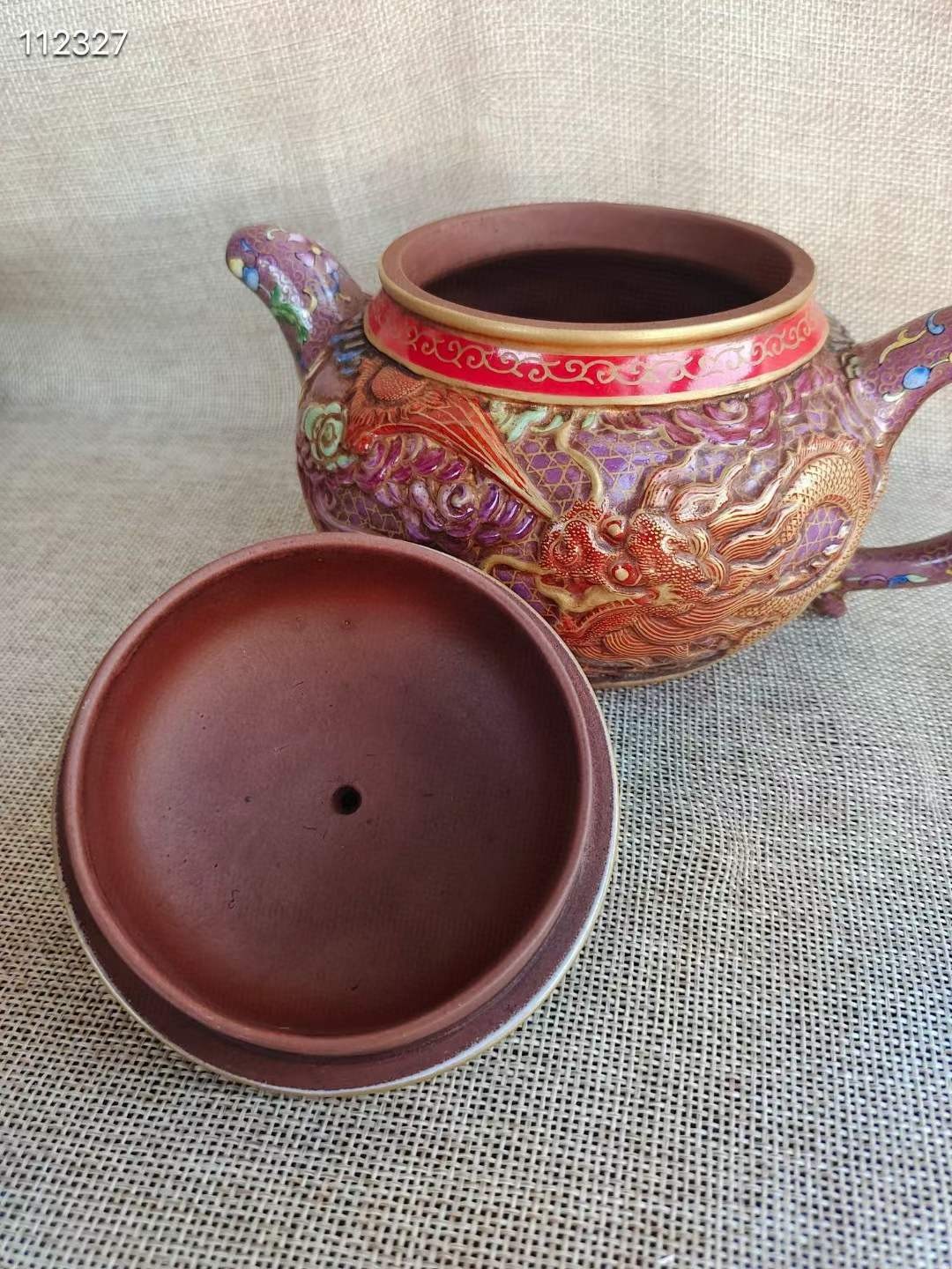 旧藏 精品紫砂壶 乾隆年制 雕刻 画珐琅彩 描金