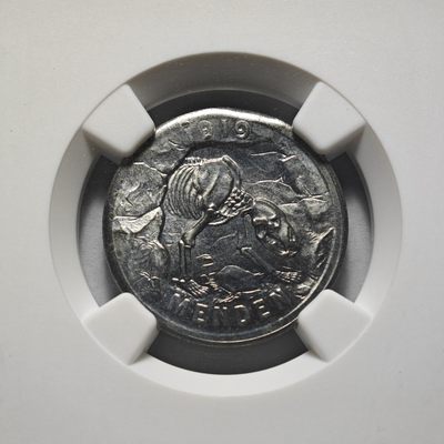 1919年德国德紧门登洞熊50芬尼铁币 罕见双面1919年版本 发行量仅150枚左右 NGC MS64