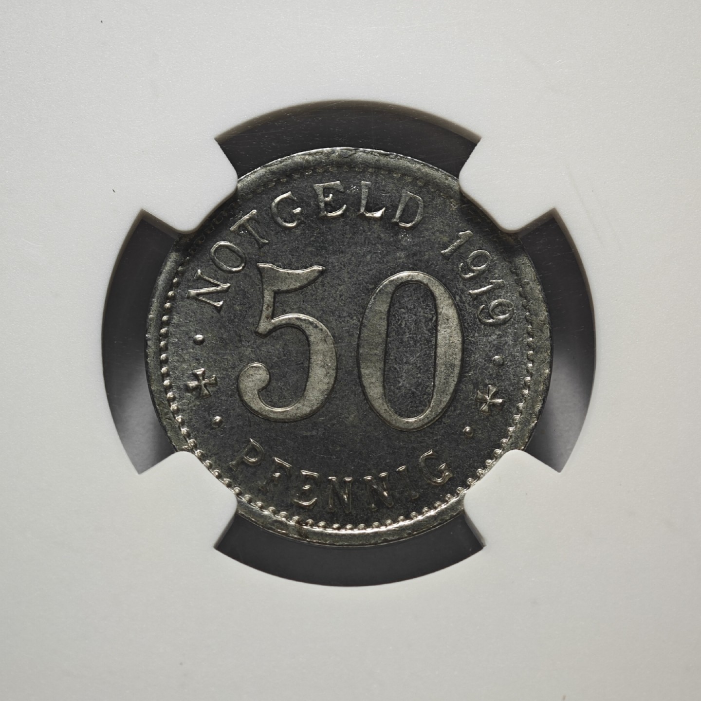 1919年德国德紧门登洞熊50芬尼铁币 罕见双面1919年版本 发行量仅150枚左右 NGC MS64