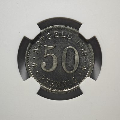 1919年德国德紧门登洞熊50芬尼铁币 罕见双面1919年版本 发行量仅150枚左右 NGC MS64