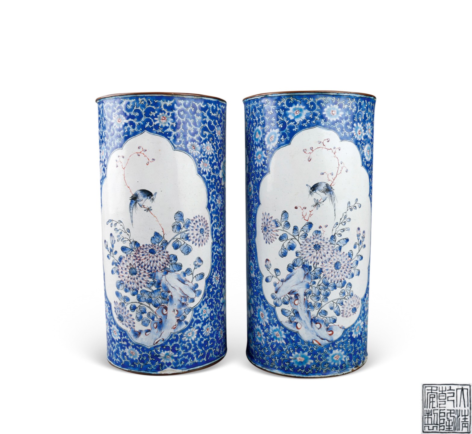 2023惠民拍卖会——国升推荐专场 铜胎画珐琅花鸟纹帽筒（一对） 清 H:22.5cm