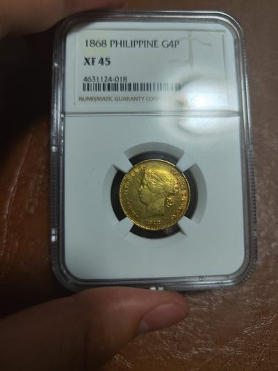 【希罗维】第3场：丝路钱币和工业革命时期金银币的碰撞 - 1868年西属菲律宾4比索金币NGC-XF45分 西班牙统治下的菲律宾，伊莎贝拉女王。早期殖民地金币，存世量非常少，重量6.77克