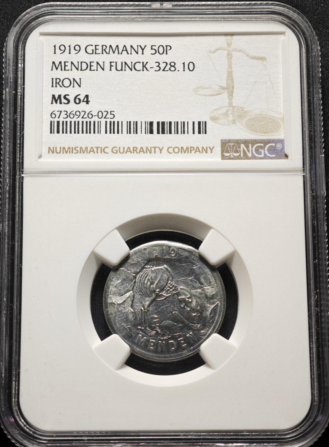 1919年德国德紧门登洞熊50芬尼铁币 罕见双面1919年版本 发行量仅150枚左右 NGC MS64