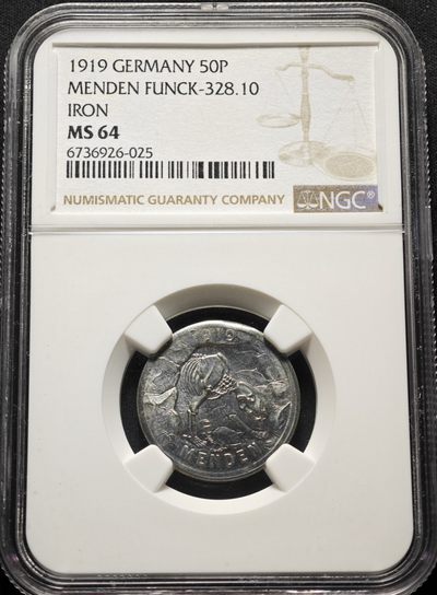 1919年德国德紧门登洞熊50芬尼铁币 罕见双面1919年版本 发行量仅150枚左右 NGC MS64
