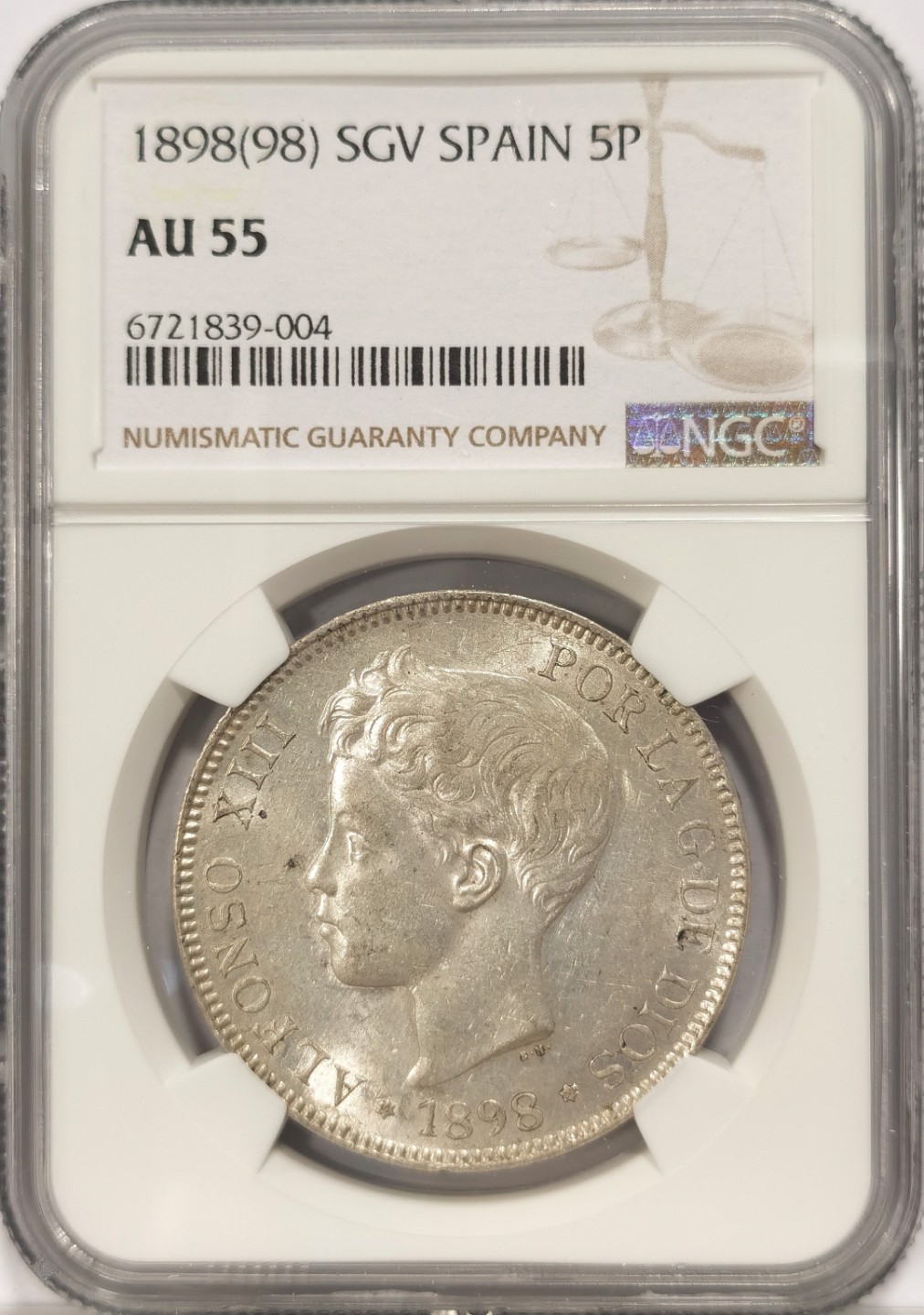 博洋堂章牌藏家系列场②暨第030期（全场包邮） NGC AU55 西班牙娃娃头 1898 5比塞塔 银光闪闪 低评