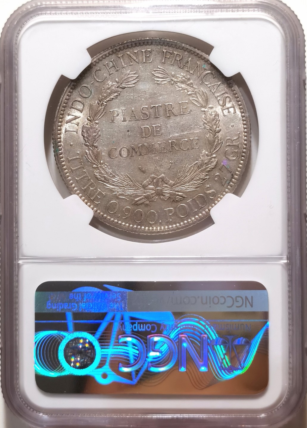 博洋堂章牌藏家系列场②暨第030期（全场包邮） NGC AU 1896年法属印支坐洋1皮阿斯特银币 车轮光犀利 人物清楚 并覆有淡五彩包浆 状态不错 可砸盒养