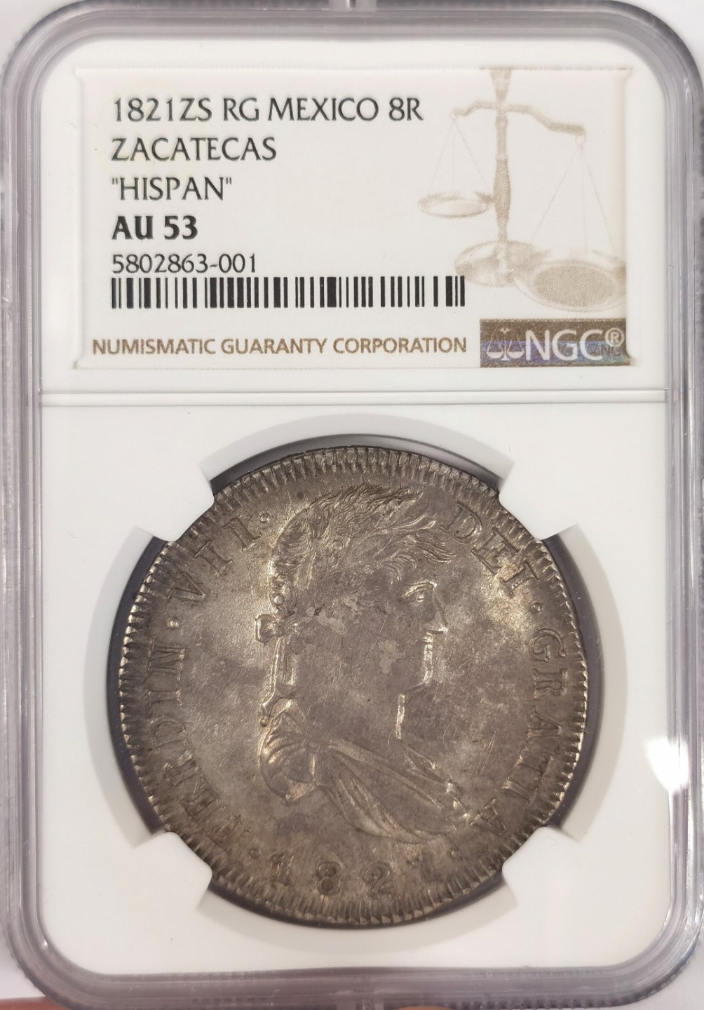 博洋堂章牌藏家系列场②暨第030期（全场包邮） NGC AU53 西属墨西哥1821年内战币费迪南七世8R双柱大银币 老包浆
