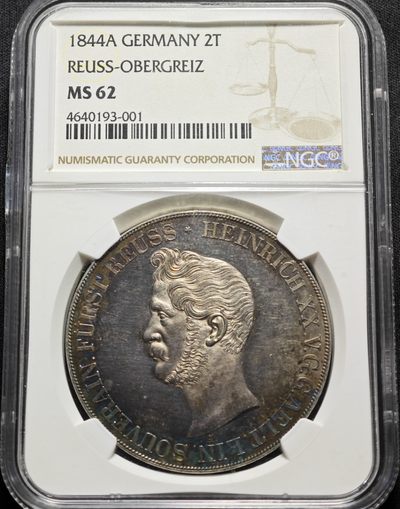 1844年德国罗斯-上格里茨2泰勒大银币 NGC MS62 发行量仅2400枚！MS极少！