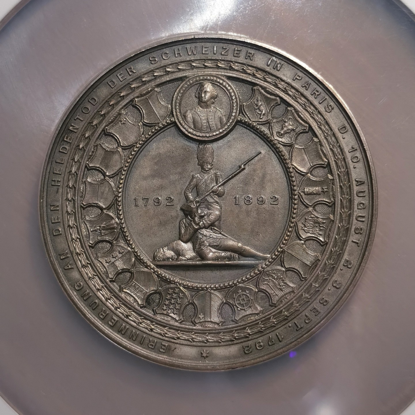 博洋堂章牌藏家系列场②暨第030期（全场包邮） 瑞士1892年悲伤狮子镀银铜章 NGC MS64