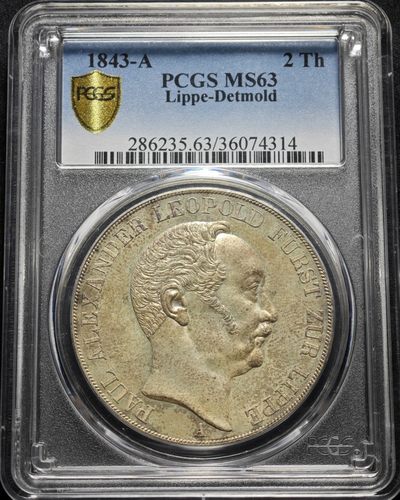 1843年德国利珀-德特蒙德2泰勒大银币 PCGS MS63 单年份 发行量仅17000枚！