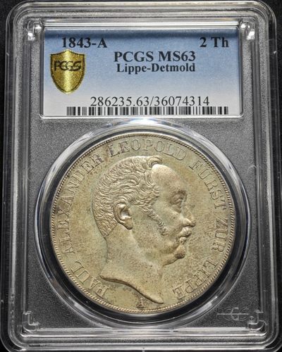 1843年德国利珀-德特蒙德2泰勒大银币 PCGS MS63 单年份 发行量仅17000枚！