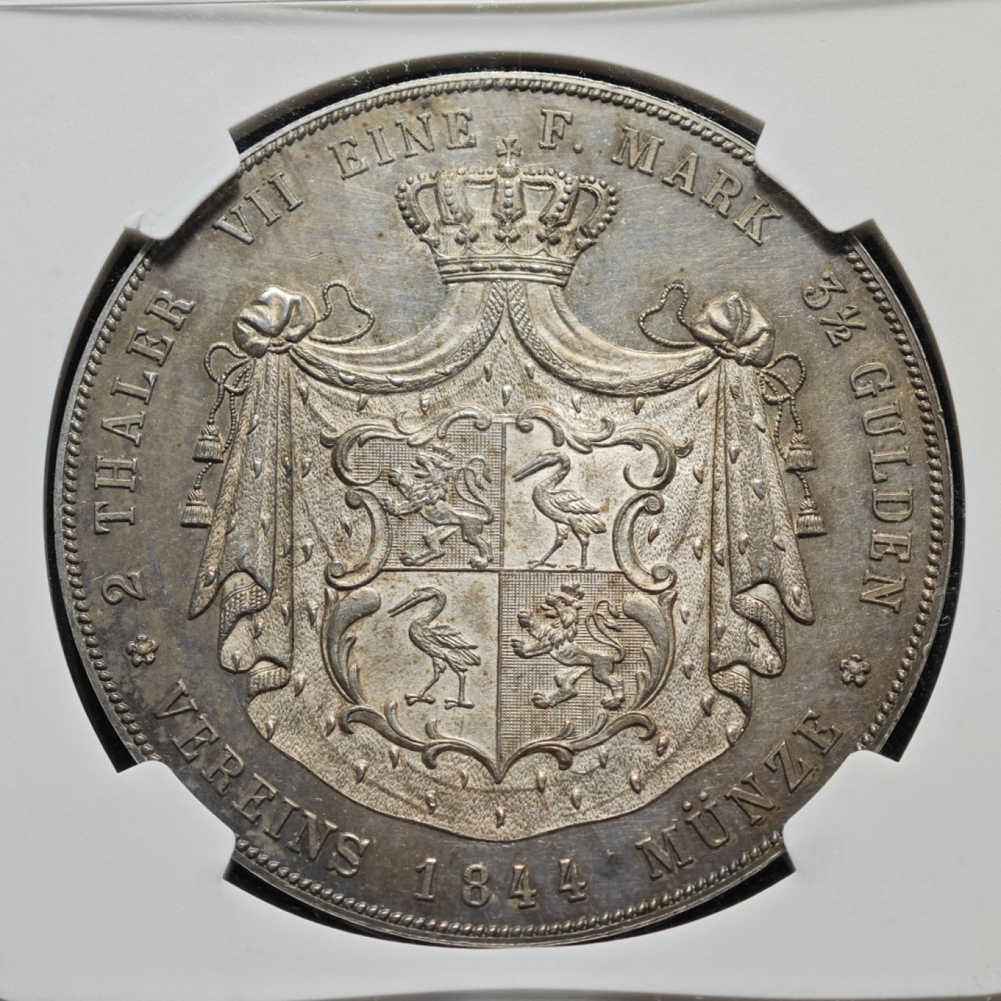 1844年德国罗斯-上格里茨2泰勒大银币 NGC MS62 发行量仅2400枚！MS极少！