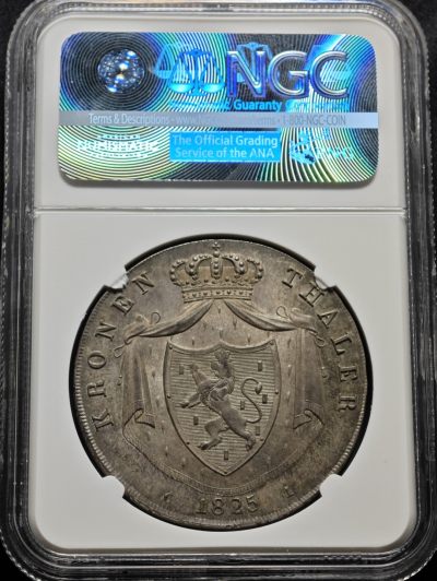 1825年德国拿骚皇冠泰勒大银币 NGC MS66 名家旧藏 发行量仅2000枚！恐怖的品相！
