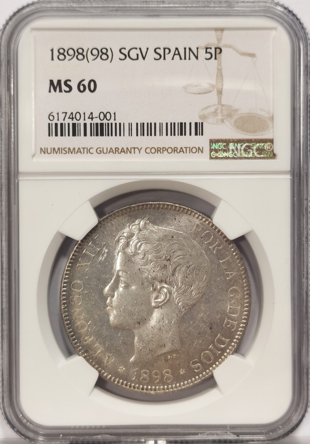 博洋堂章牌藏家系列场②暨第030期（全场包邮） NGC MS60 西班牙1898年阿方索十三世5比塞塔银币