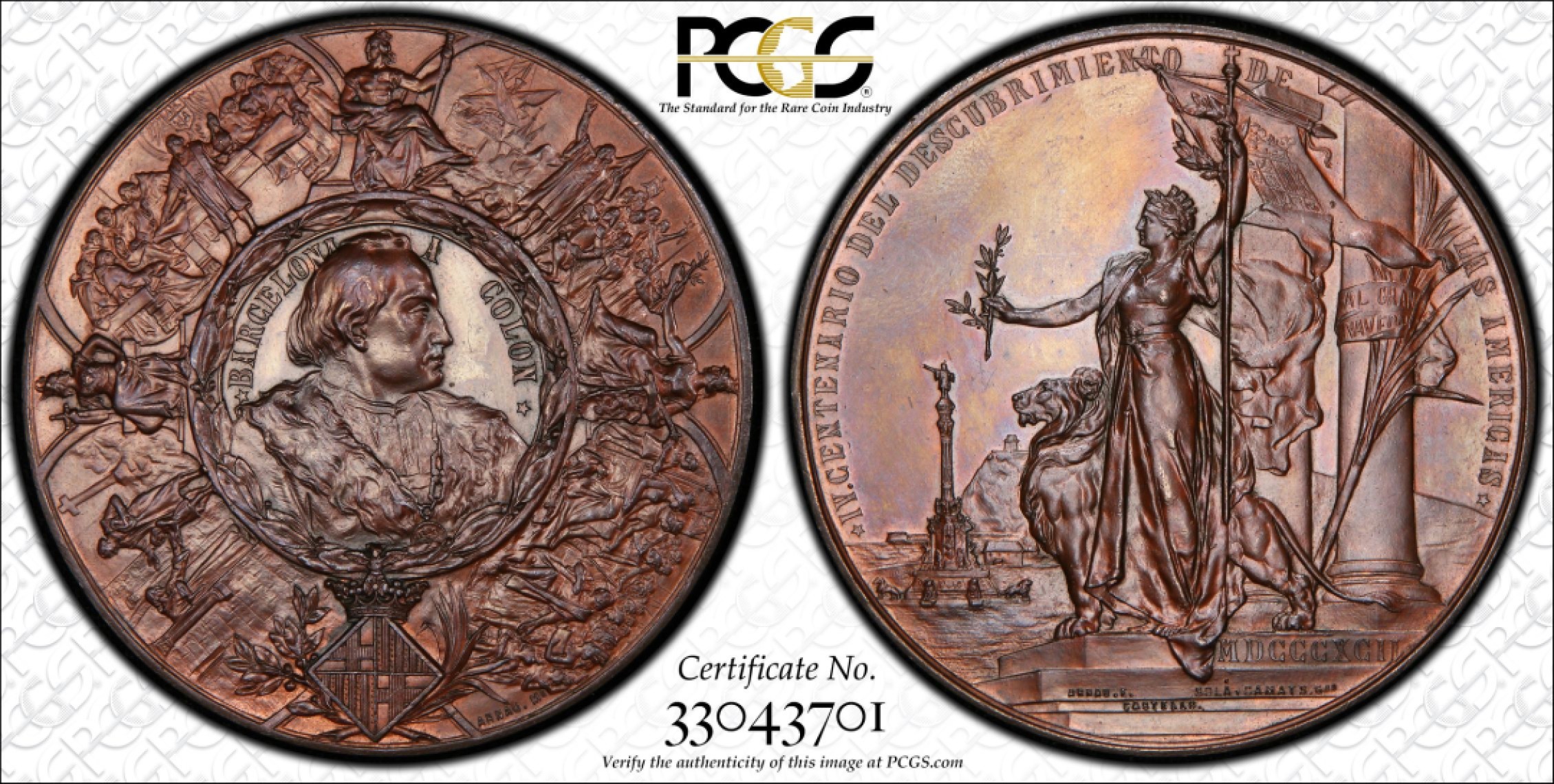 博洋堂章牌藏家系列场②暨第030期（全场包邮） 西班牙1894年哥伦布发现新大陆400周年纪念章 PCGS SP63BN 唯一冠军分