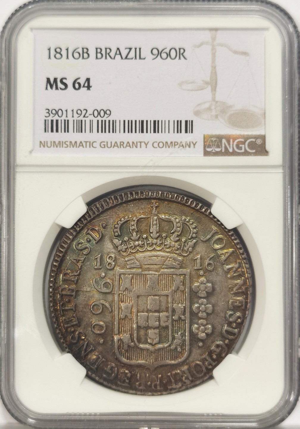 博洋堂章牌藏家系列场②暨第030期（全场包邮） NGC MS64 葡属巴西1816年960R大银币 能清晰看到卡四双柱残留痕迹 极品酱五彩 仅有一枚更高分