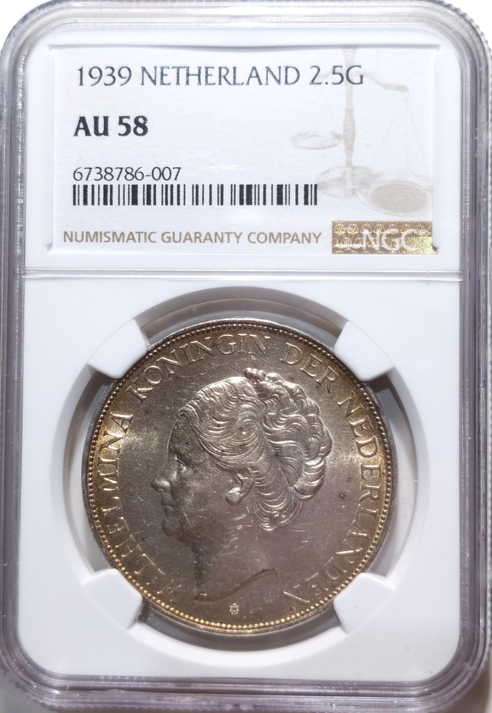 博洋堂章牌藏家系列场②暨第030期（全场包邮） NGC AU58 荷兰1939年威廉明娜2.5盾银币 淡金色包浆 转光犀利