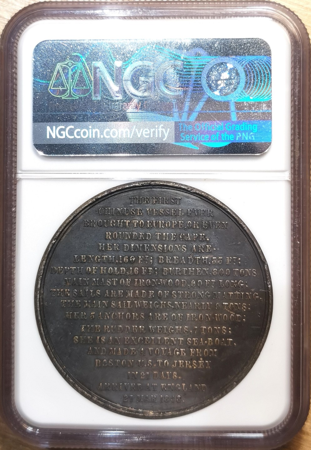 博洋堂章牌藏家系列场②暨第030期（全场包邮） 英国1848年耆英号 白色金属纪念章 NGC AU DETAILS 名誉品