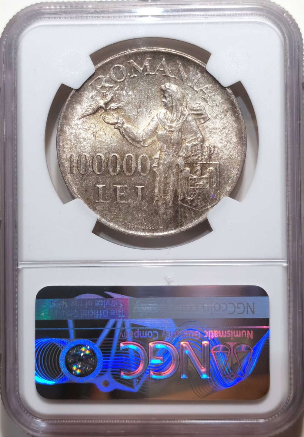 博洋堂章牌藏家系列场②暨第030期（全场包邮） NGC MS61 罗马尼亚1946年米哈伊一世和平鸽 10万列伊银币 末代系列  双面五彩老包浆 转光自然  值得收藏