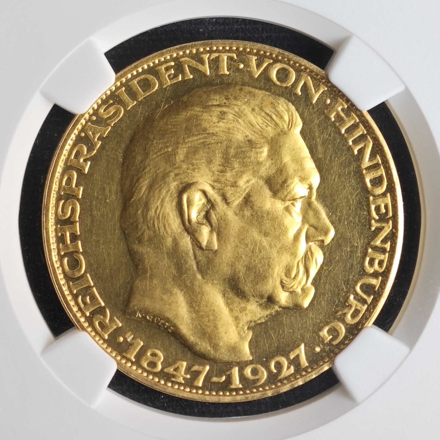 1927年德国兴登堡80大寿纪念金章 名家卡尔歌茨作品 稀少无D厂标版本 NGC PF64CAM