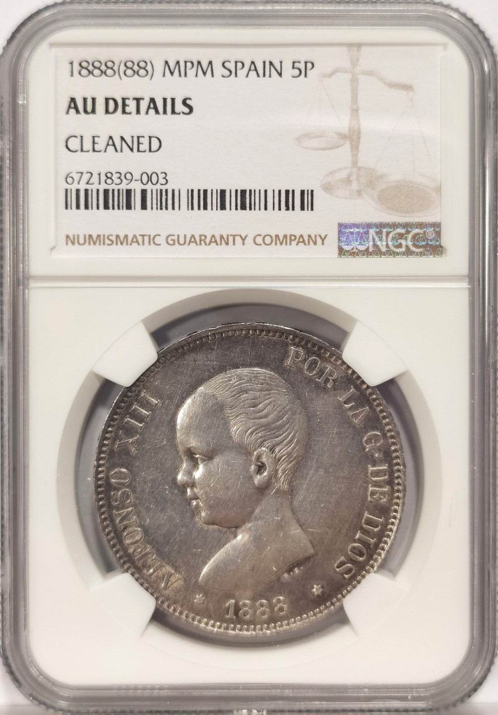 博洋堂章牌藏家系列场②暨第030期（全场包邮） NGC AUD 西班牙娃娃头早期 1888 5比塞塔 五彩转光