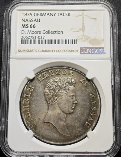 1825年德国拿骚皇冠泰勒大银币 NGC MS66 名家旧藏 发行量仅2000枚！恐怖的品相！